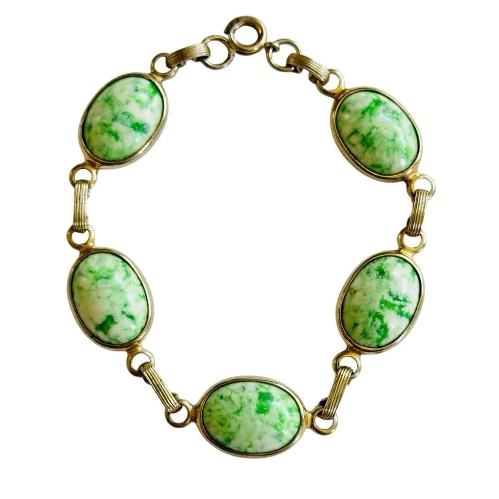 Bracelet VTG Regal Czech Green Glass Cabochon Link Silver Plated Rare Chunky 50s
